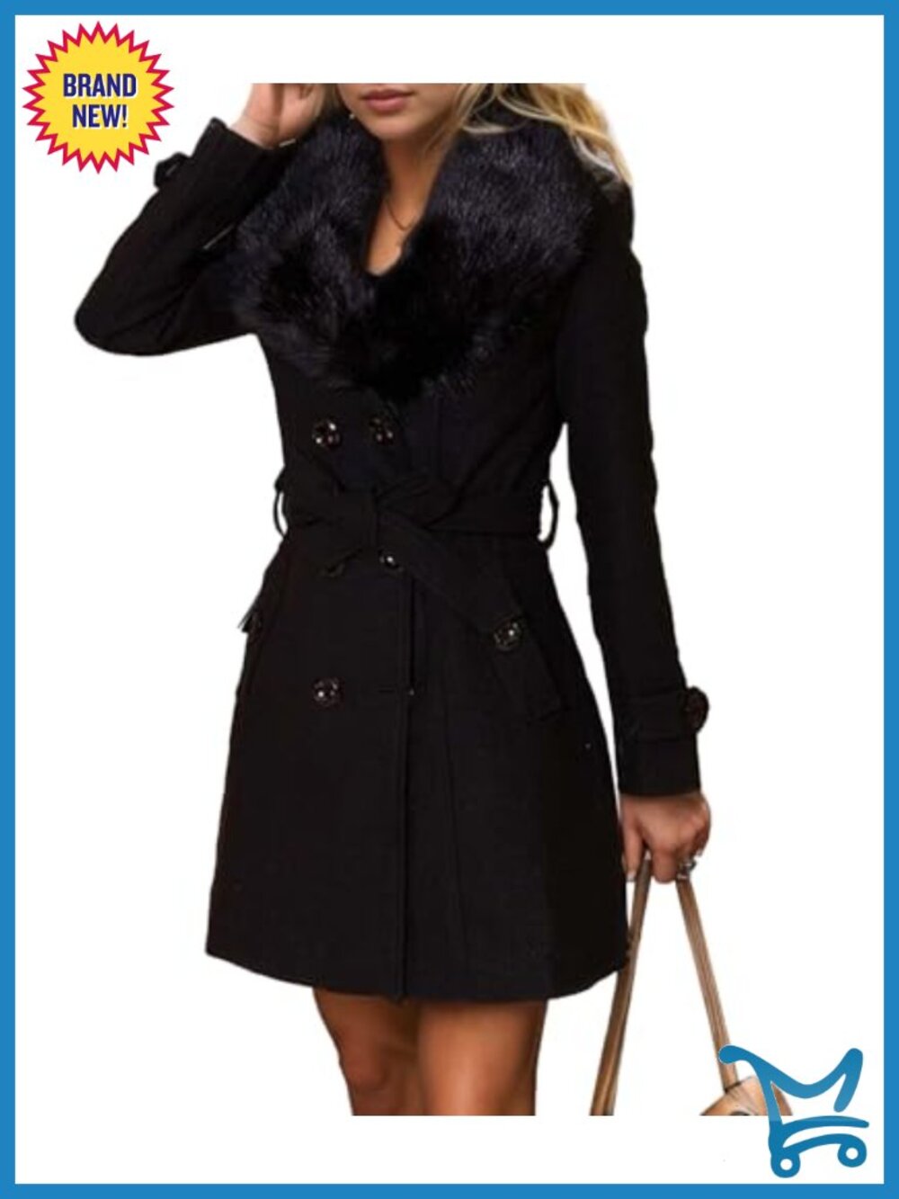 Faux Fur Trench Coat Long Sleeve Double Breasted Belted Wool Blend Winter Coat